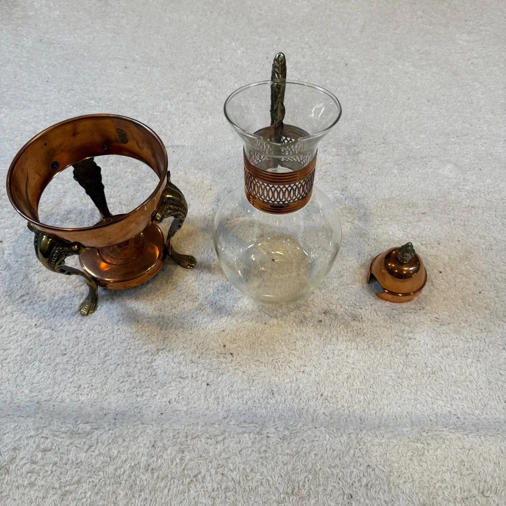 Vintage Copper and Glass Coffee Carafe Decanter with Ornate Warming Stand Set